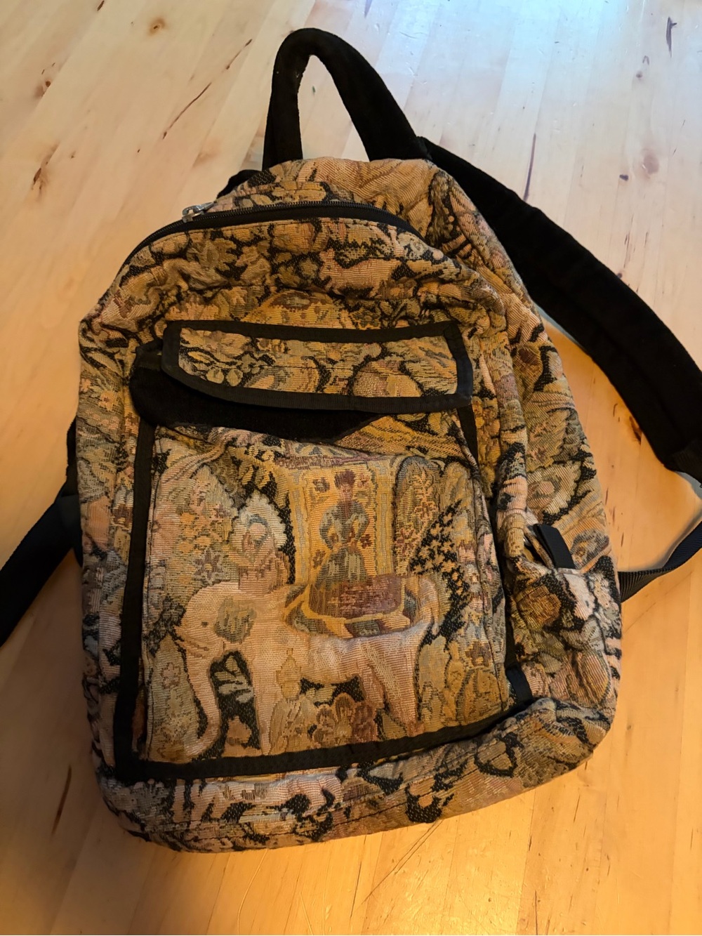 Tapestry Patterned Backpack in Beige and Black